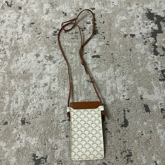 Celine Triomphe Canvas Lambskin Phone Pouch With Flap White Tan - Picture 3 of 4